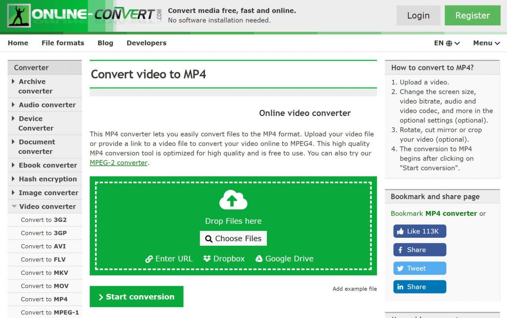video.online-convert.com online video converter screenshot