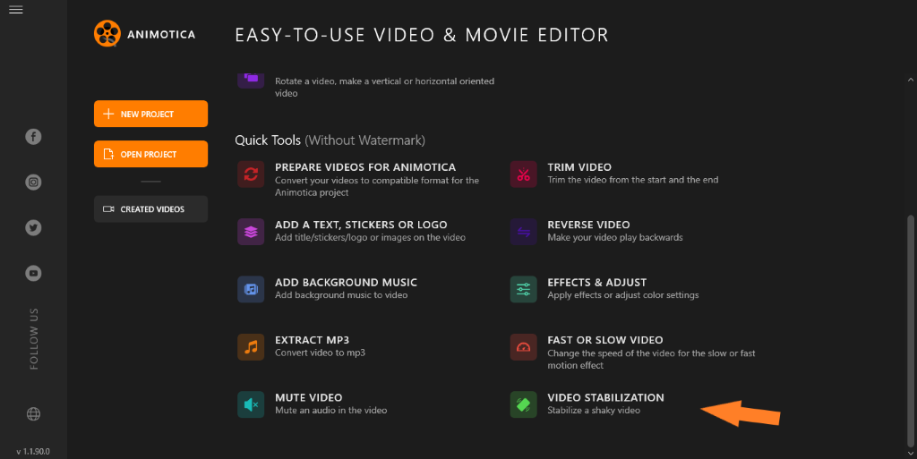 Select the Video Stabilization tool on the main screen of Animotica
